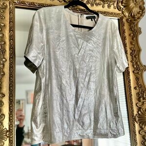 Donna Karan New York Foil Top T Shirt Leather Blouse Shirt Tee